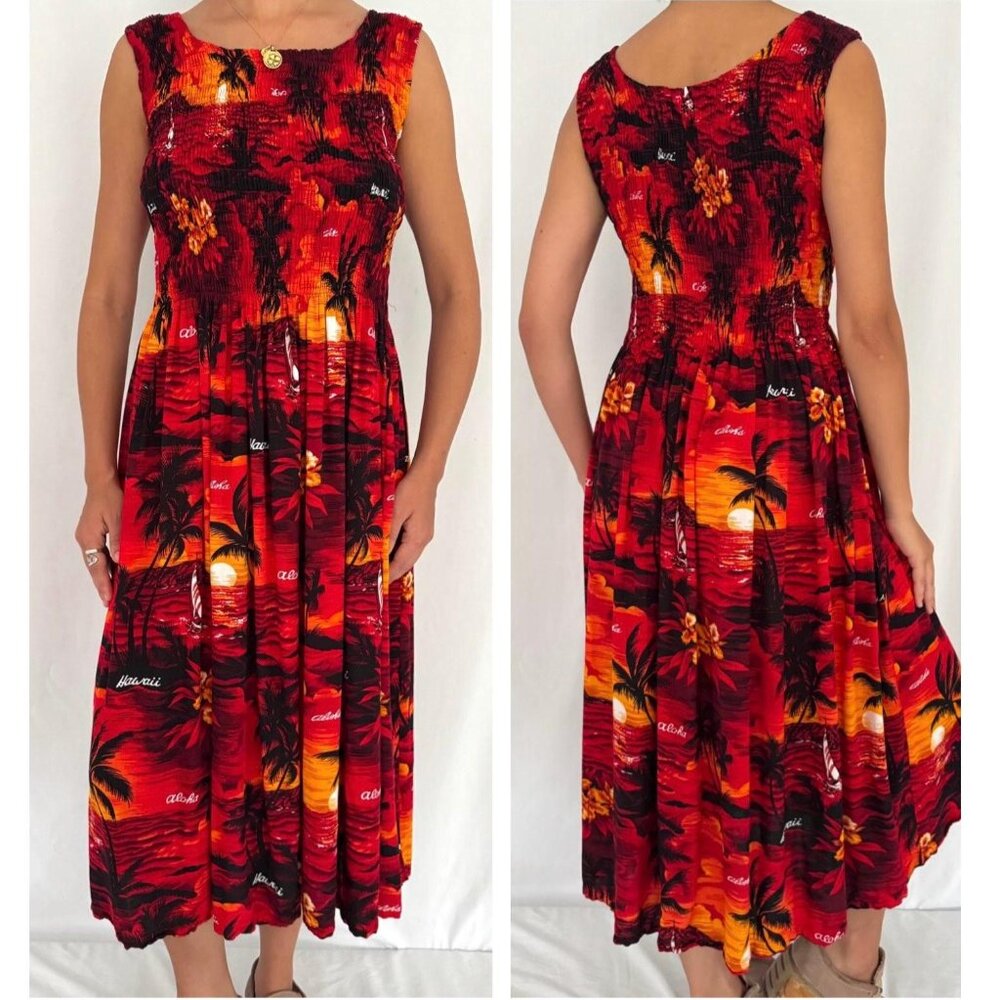 90s vintage red Hawaiian print beach vacation stretchy rayon cover up maxi dress